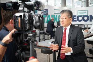 ITF Secretary-General Young Tae Kim speaks with the press at the International Transport Forum's 2023 Summit on "Transport Enabling Sustainable Economies" in Leipzig, Germany on 26 May 2023.